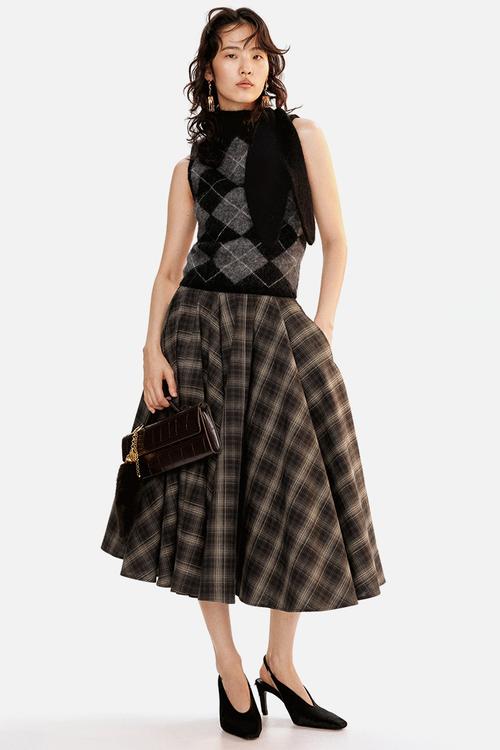 Mohair-blend scarf-collar top - grey argyle pattern