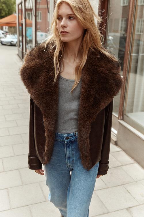 Collared biker jacket - dark brown