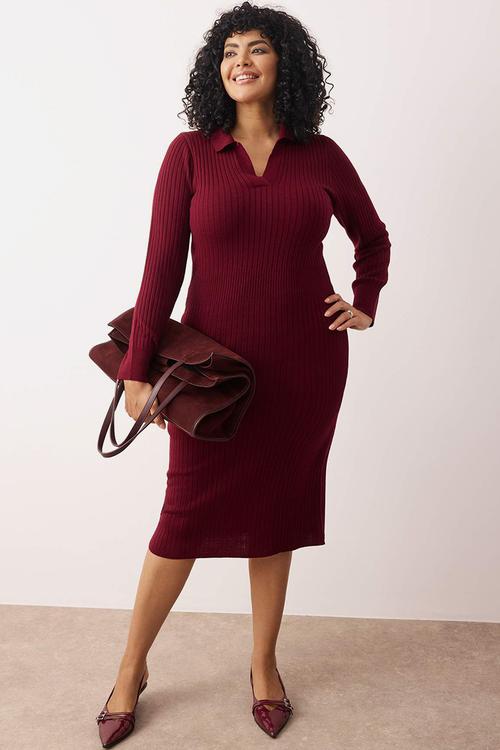 Polo Neck Ribbed Knitwear Dress - Plum