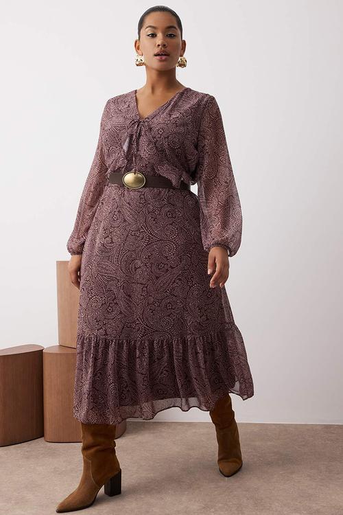 Shawl Pattern Chiffon Midi Woven Plus Size Dress - brown