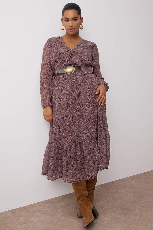 Shawl Pattern Chiffon Midi Woven Plus Size Dress - brown