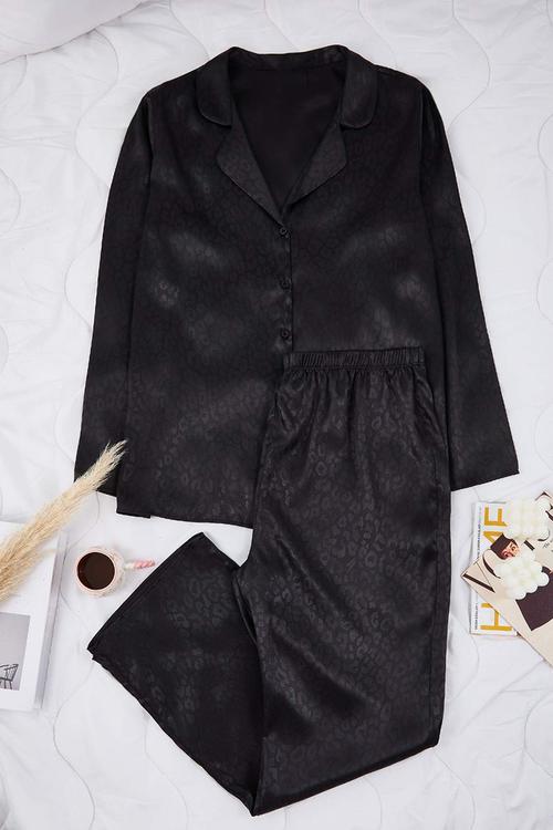 Leopard Print Satin Shirt Pants Woven Pajamas Set - Black