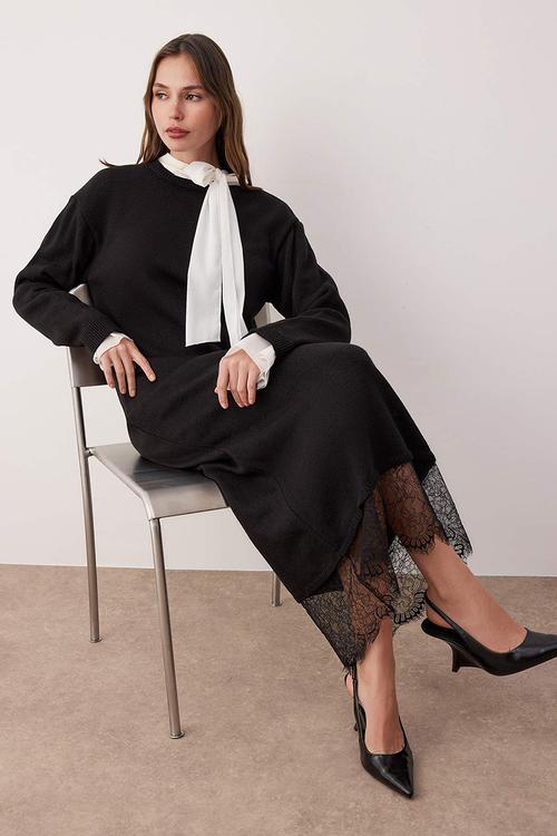 Lace Detailed Knitwear Dress - Black