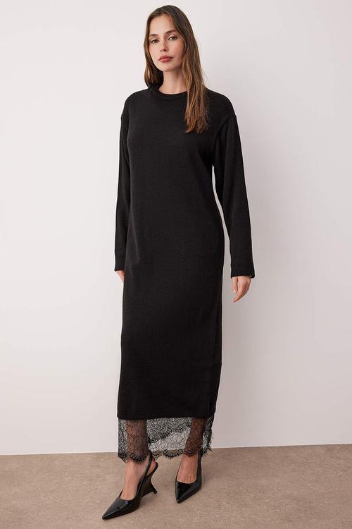 Lace Detailed Knitwear Dress - Black