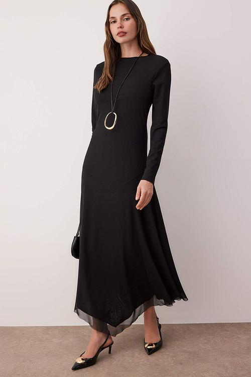 Lined Hem Asymmetric Tulle Knitted Dress - Black