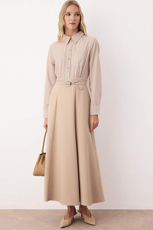Stripe Shirt Belt Detailed Woven Dress - Beige