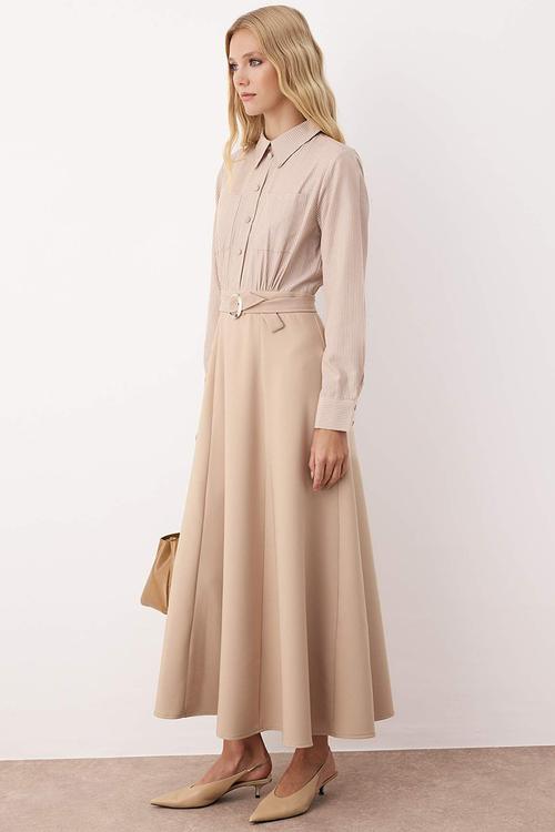Stripe Shirt Belt Detailed Woven Dress - Beige
