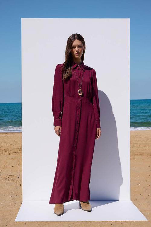 Waist Drawstring Detailed Dress - Plum
