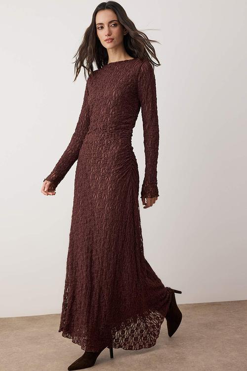 Lined Lace Fabric Knitted Dress - Brown