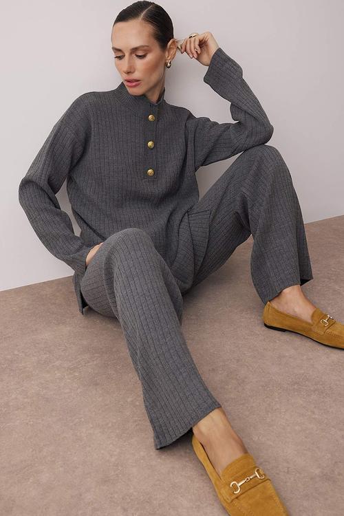 Gold Buttoned Knitwear Bottom & Top Set - Anthracite