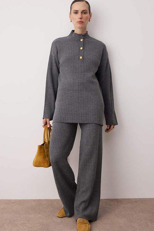 Gold Buttoned Knitwear Bottom & Top Set - Anthracite