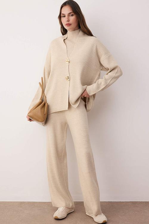 3-Piece Cardigan Blouse Pants Knitwear Set - Beige