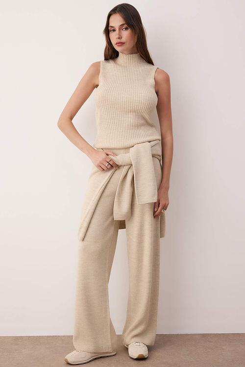 3-Piece Cardigan Blouse Pants Knitwear Set - Beige