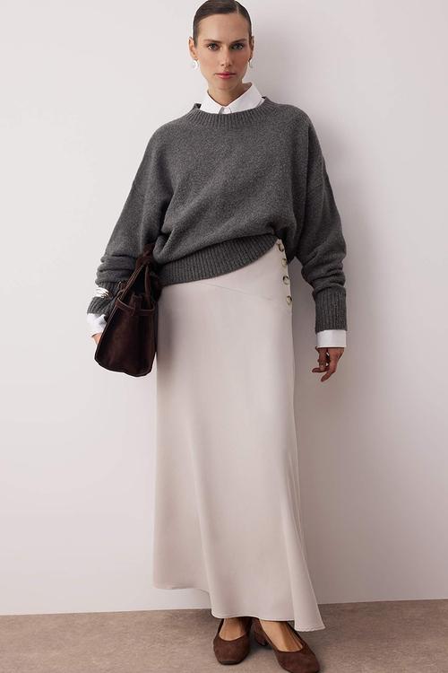 Side Button Detailed Woven Skirt - Beige