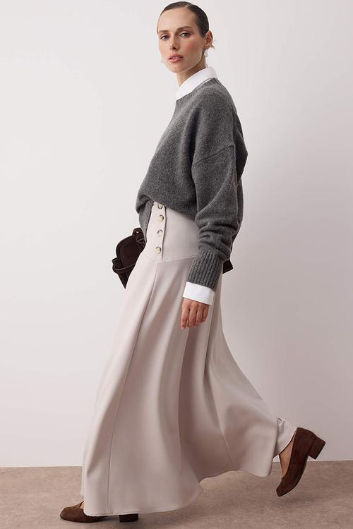 Side Button Detailed Woven Skirt - Beige