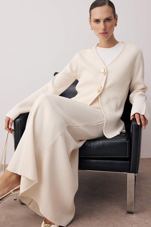 Gold Buttoned Knitwear Skirt Suit - Ecru