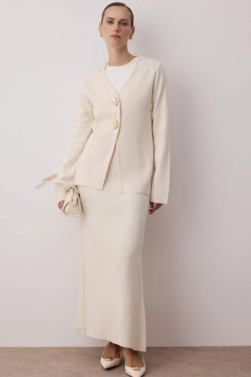 Gold Buttoned Knitwear Skirt Suit - Ecru
