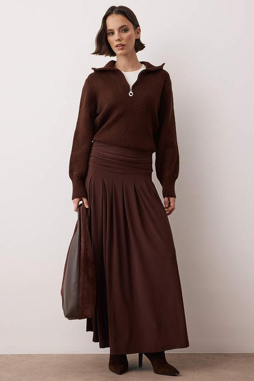 Pleated Detailed Unlined Knitted Skirt - Brown