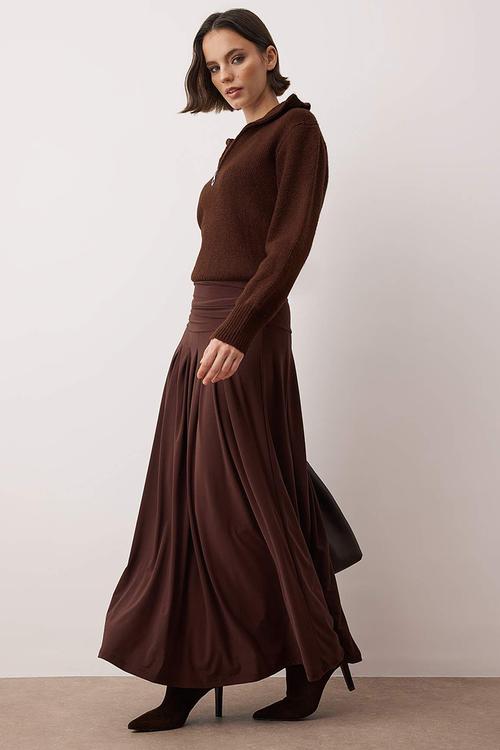 Pleated Detailed Unlined Knitted Skirt - Brown