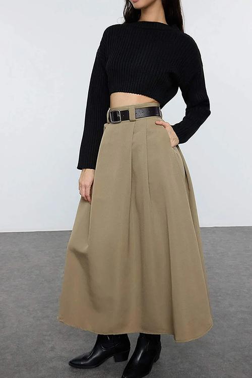 Pleated Maxi Length Woven Skirt - Khaki