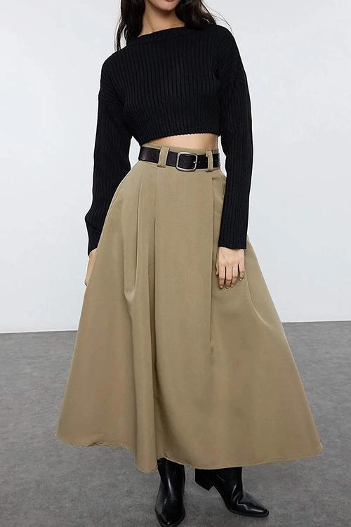 Pleated Maxi Length Woven Skirt - Khaki
