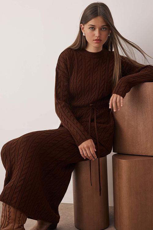 Sweater Skirt Knitwear Bottom Top Set - Brown