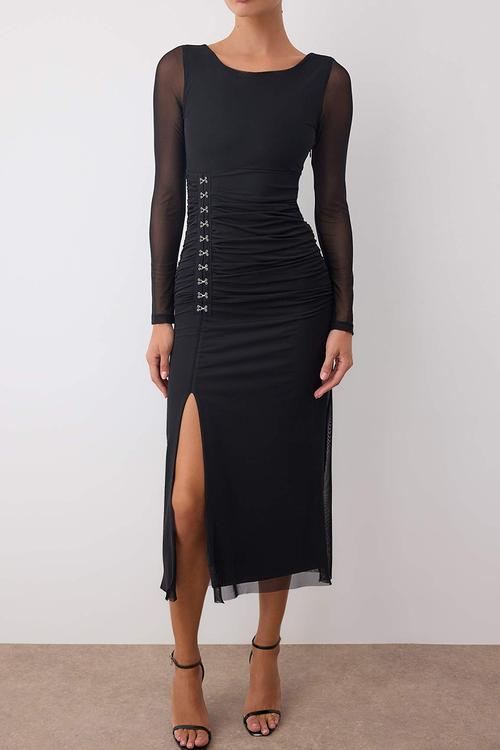 Knitted Tulle Maxi Lined Dress - Black