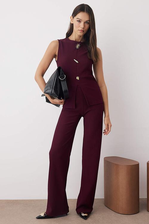 Button Detailed Stretchy Knitted Bottom Top Set - Plum