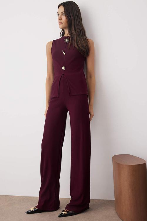 Button Detailed Stretchy Knitted Bottom Top Set - Plum