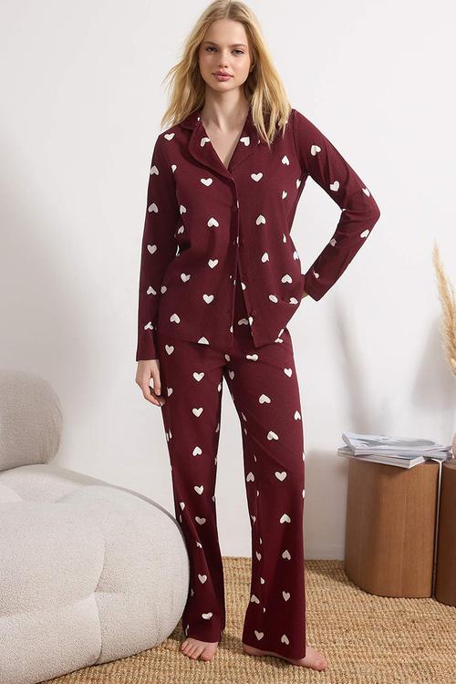 Heart Patterned Knitted Pajamas Set - Burgundy