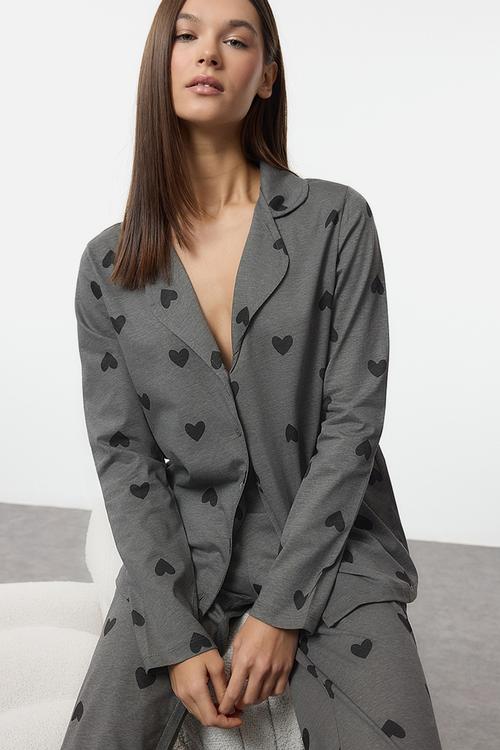 Heart Patterned Knitted Pajamas Set - Gray
