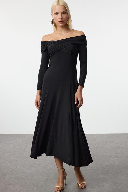 A-Line Knitted Evening Dress - Black