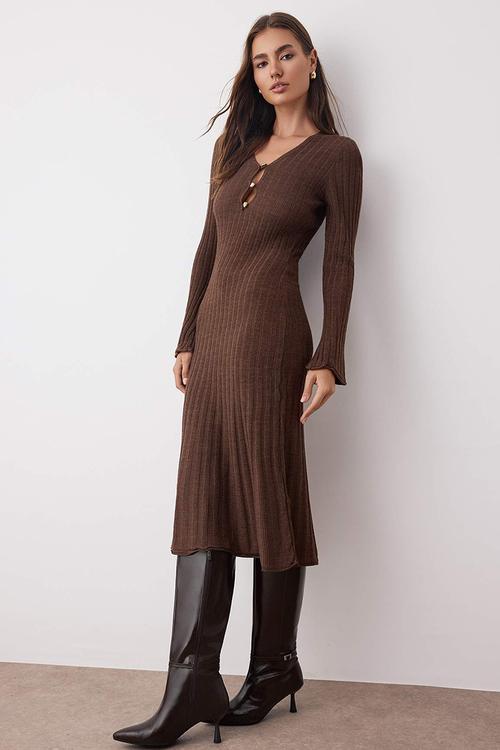 Straight Maxi V-Neck A-Line Knitwear Long Dress - Brown