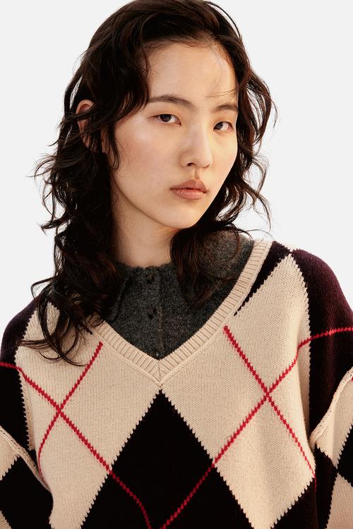 Jacquard-knit wool jumper - light beige argyle pattern