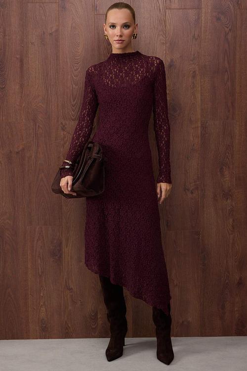 Asymmetrical Bodycon Maxi Knitted Lace Dress - Plum