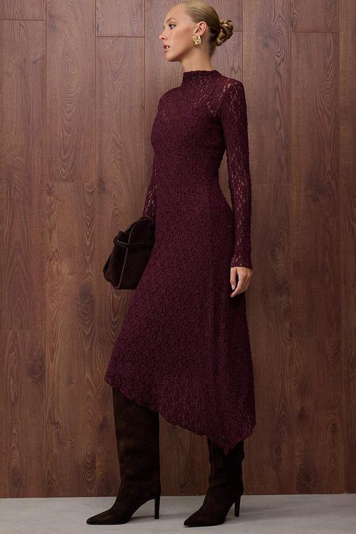Asymmetrical Bodycon Maxi Knitted Lace Dress - Plum