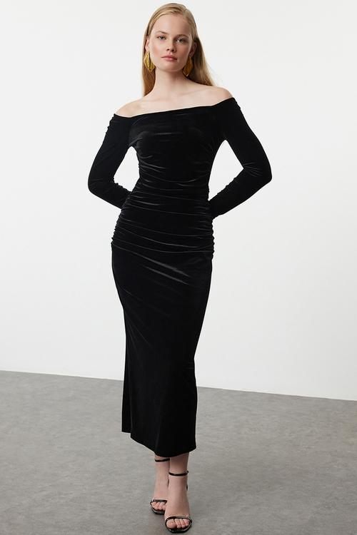 Bodycon Knitted Velvet Midi Evening Dress Night - Black