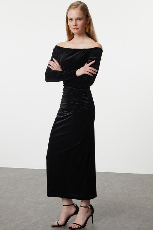 Bodycon Knitted Velvet Midi Evening Dress Night - Black