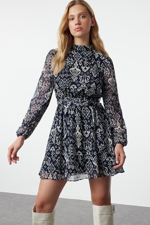 Belted Skirt Flounced Boho Lined Chiffon Mini Woven Dress - Navy Blue