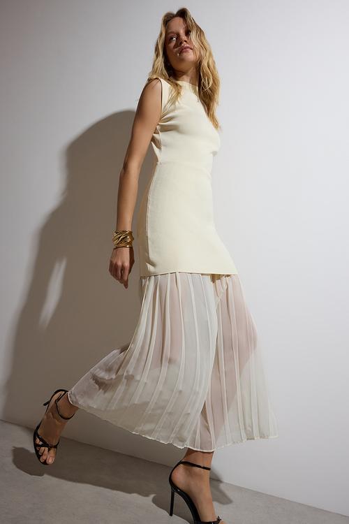 Tulle Maxi Knitwear Long Dress - Ecru