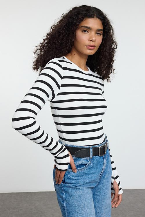 Striped Blouse with Flexible Viscose Fabric - Black & Ecru