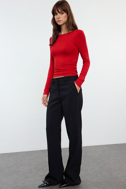 Boat Neck Stretchy Blouse Draped Detail Fitted Drawstring - Red