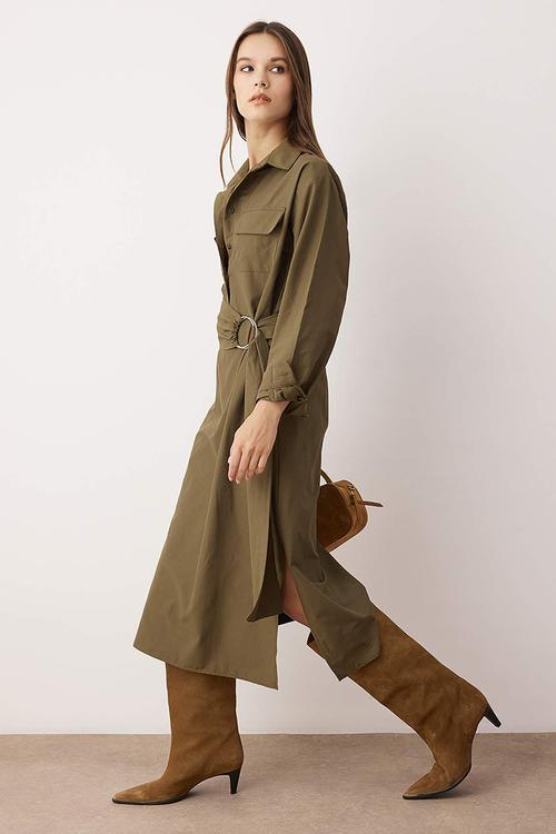 Belted A-Line Midi Woven Dress - Khaki