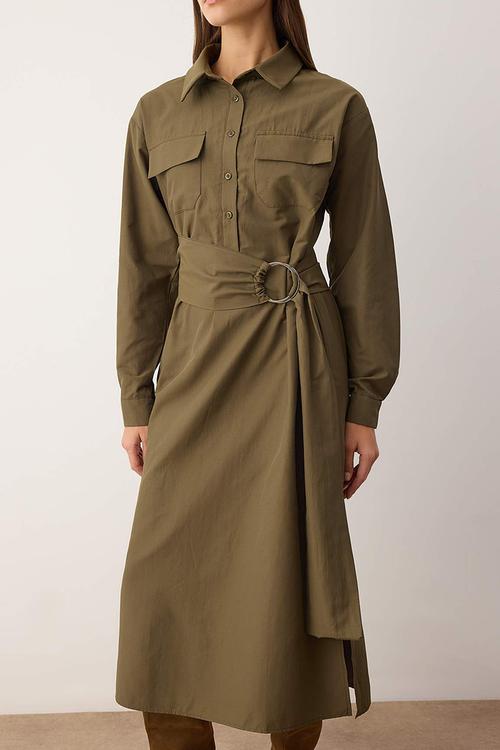 Belted A-Line Midi Woven Dress - Khaki