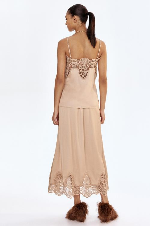 Lace-inset satin strappy top - beige