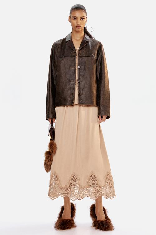 Lace-trimmed satin skirt - beige