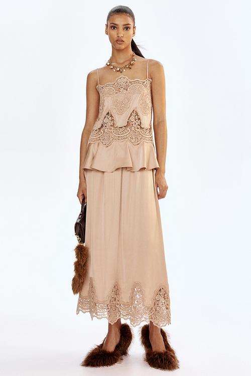 Lace-inset satin strappy top - beige