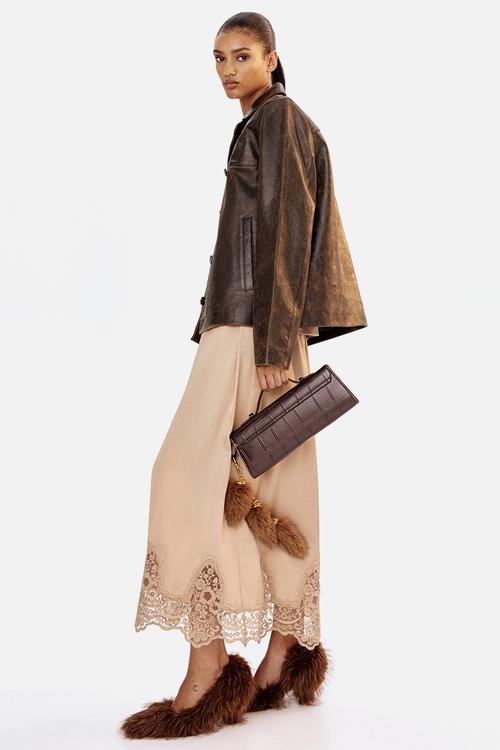 Lace-trimmed satin skirt - beige