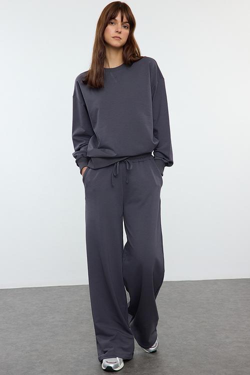 Knitted Sweatshirt and Wide Leg Tracksuit Set - Black 1