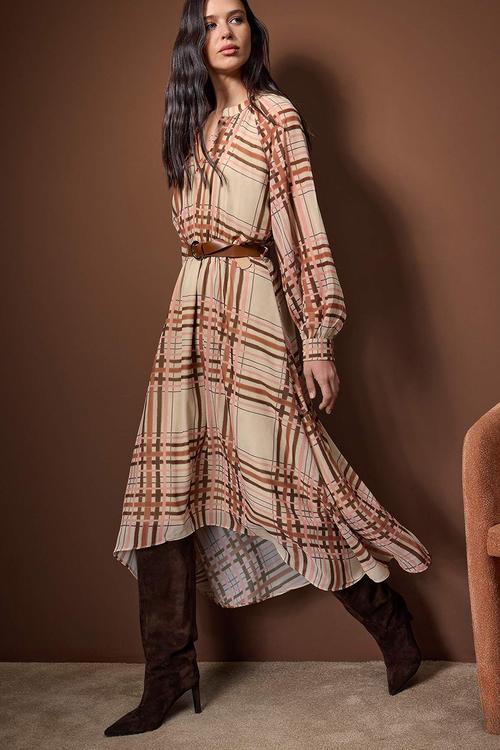 Belted Midi Lined Woven Dress - Multi-Colored